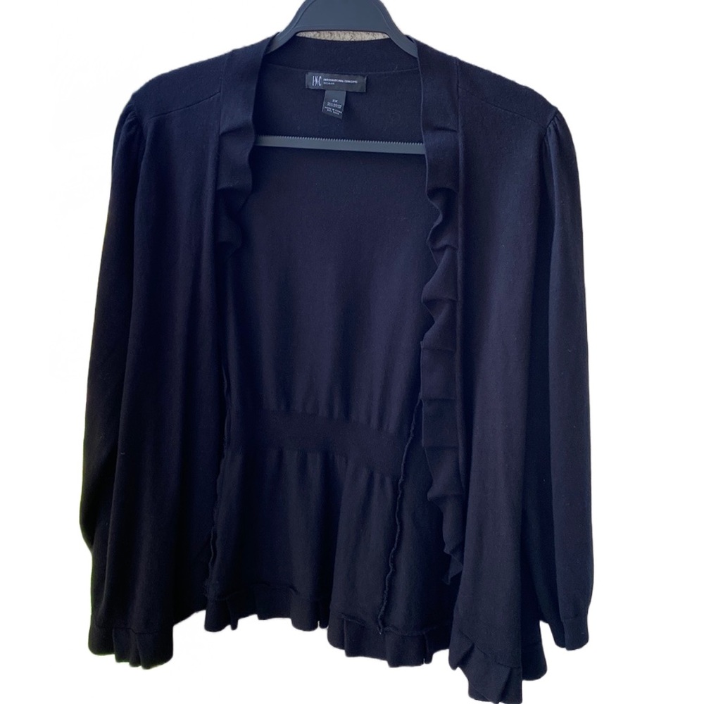 🖤 I.N.C. Soft Knit Ruffle Trimmed Open Shrug Cardigan 3/4-Sleeve Deep Black, 2X